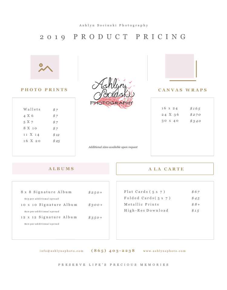 product pricing for images and product from Knoxville Tennessee photographer