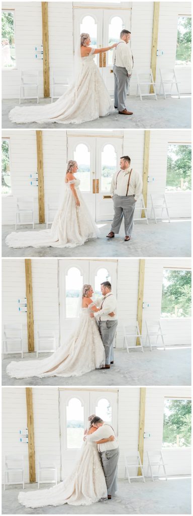 Bride and Groom First Look at The White Barn at Cruze Farms