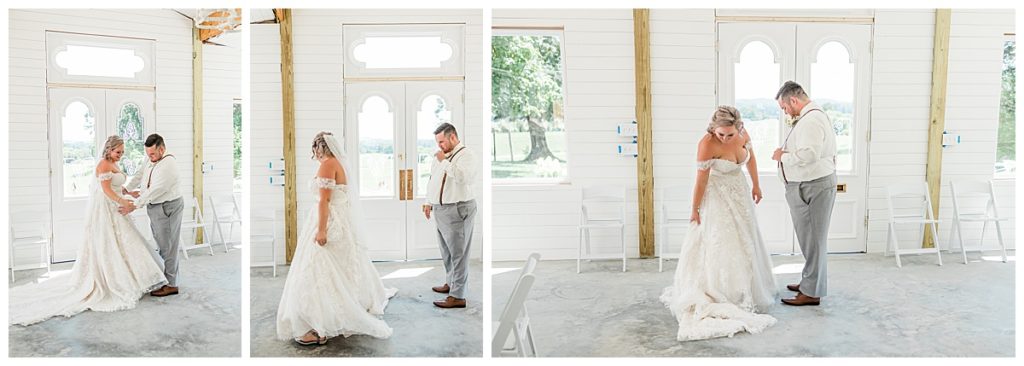 Bride and Groom First Look at The White Barn at Cruze Farms