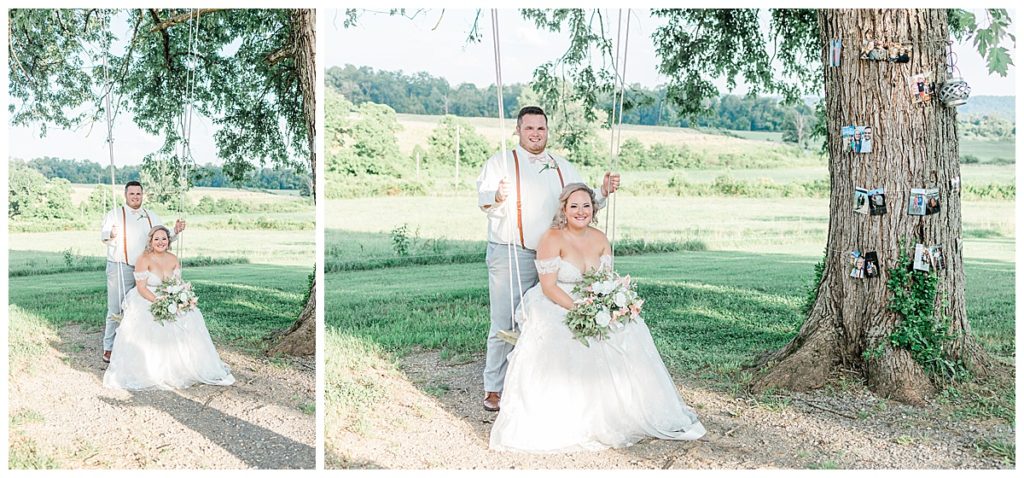 Bride and groom swing photo at the white barn at cruze farms