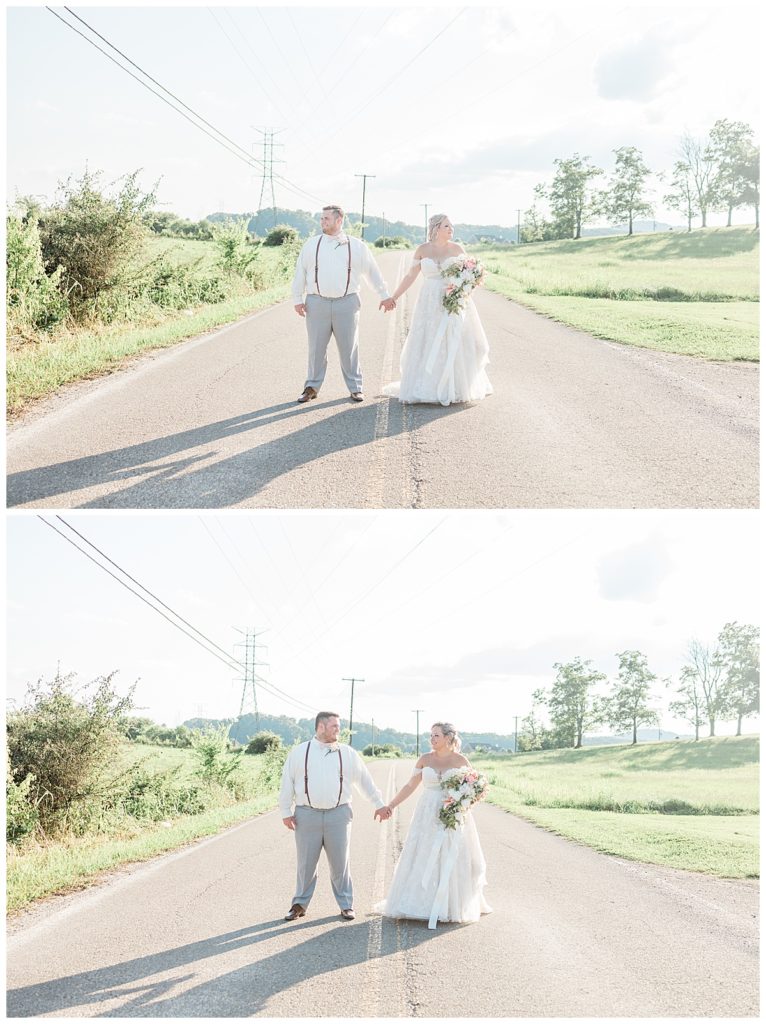 bride and groom standing in the middle of the road at cruze farms