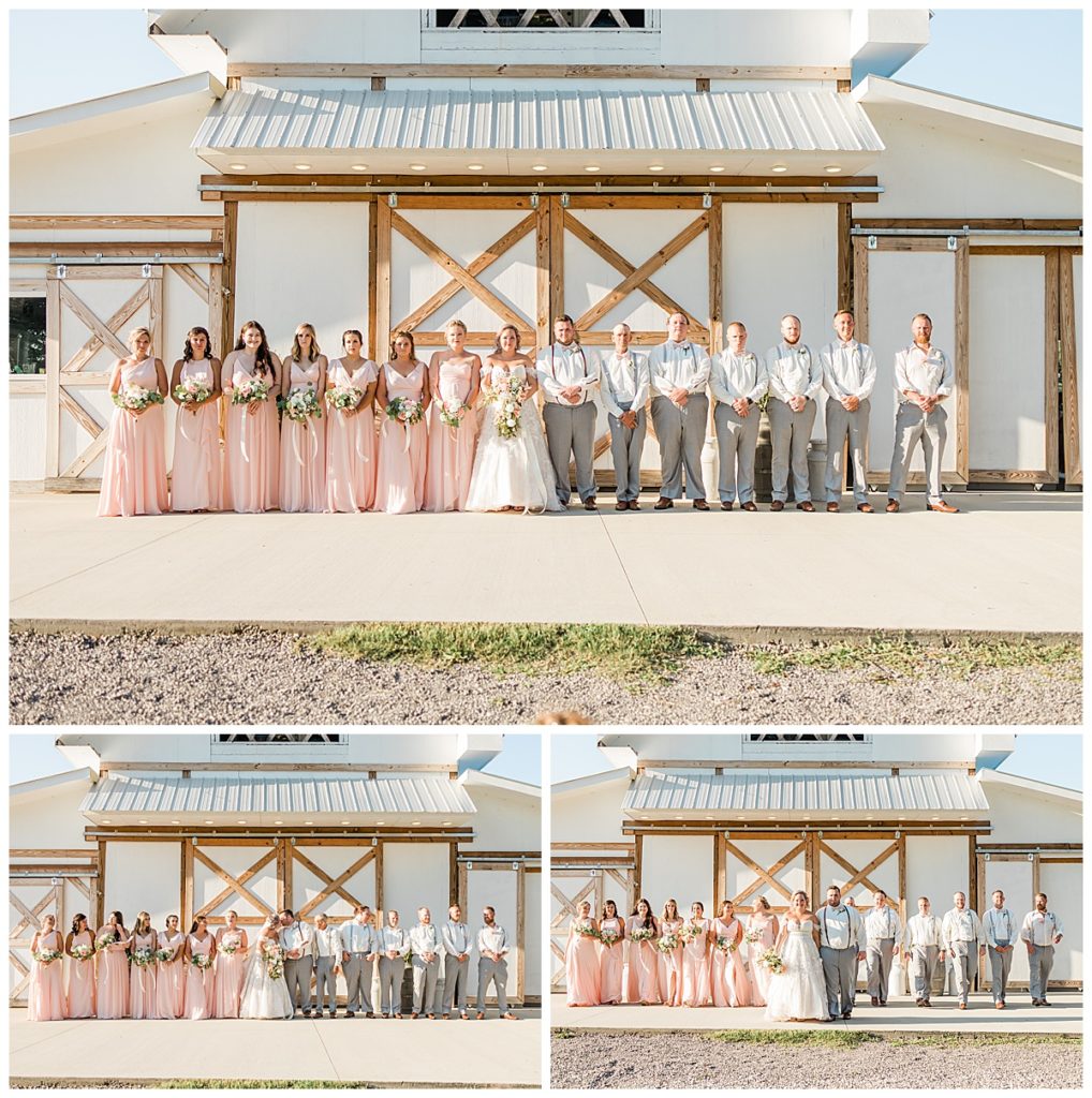 Wedding party photos in front of The White Barn at Cruze Farms
