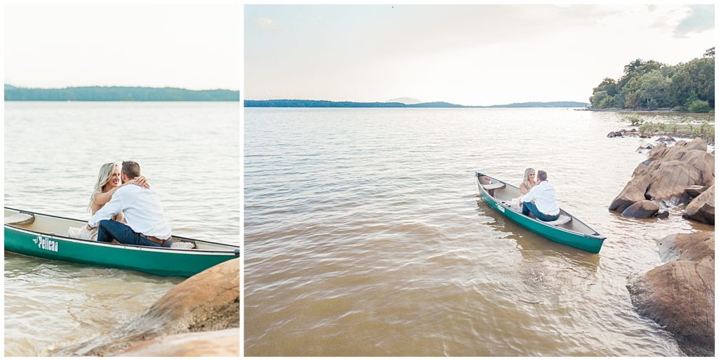 bride and groom sitting in a canoe on the lake