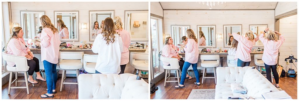 bride and bridesmaids getting ready in the bridal suite