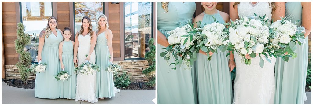 bride and bridesmaids wedding portrait together in front of the magnolia venue