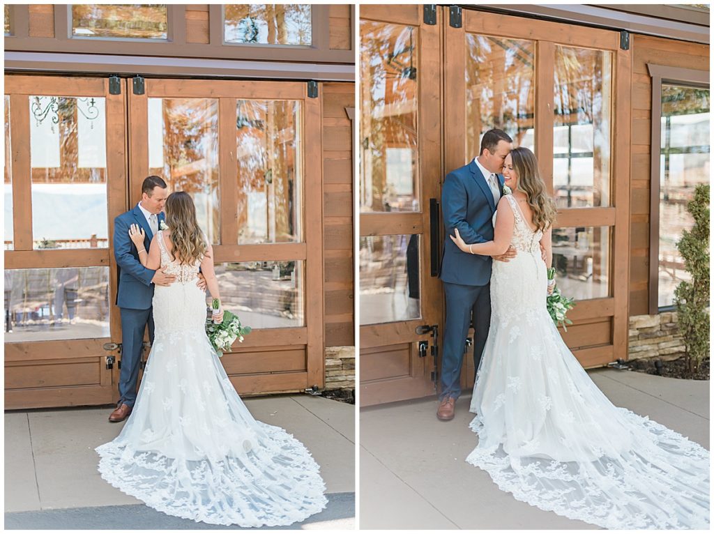bride and groom portraits in front of the magnolia venue