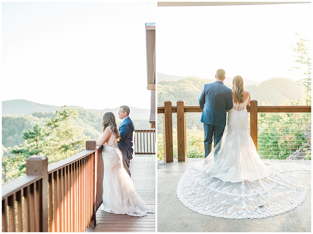 bride and broom gazing out at the great smoky mountains of tennessee