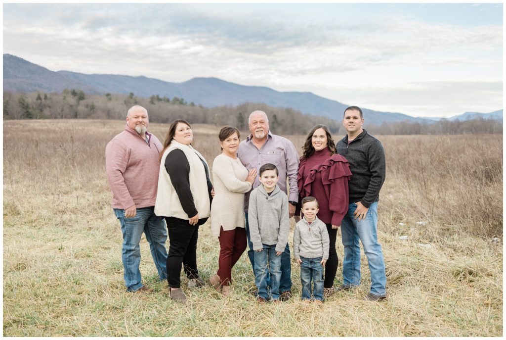family posing in Cades Cove during Smoky Mountain extended family session