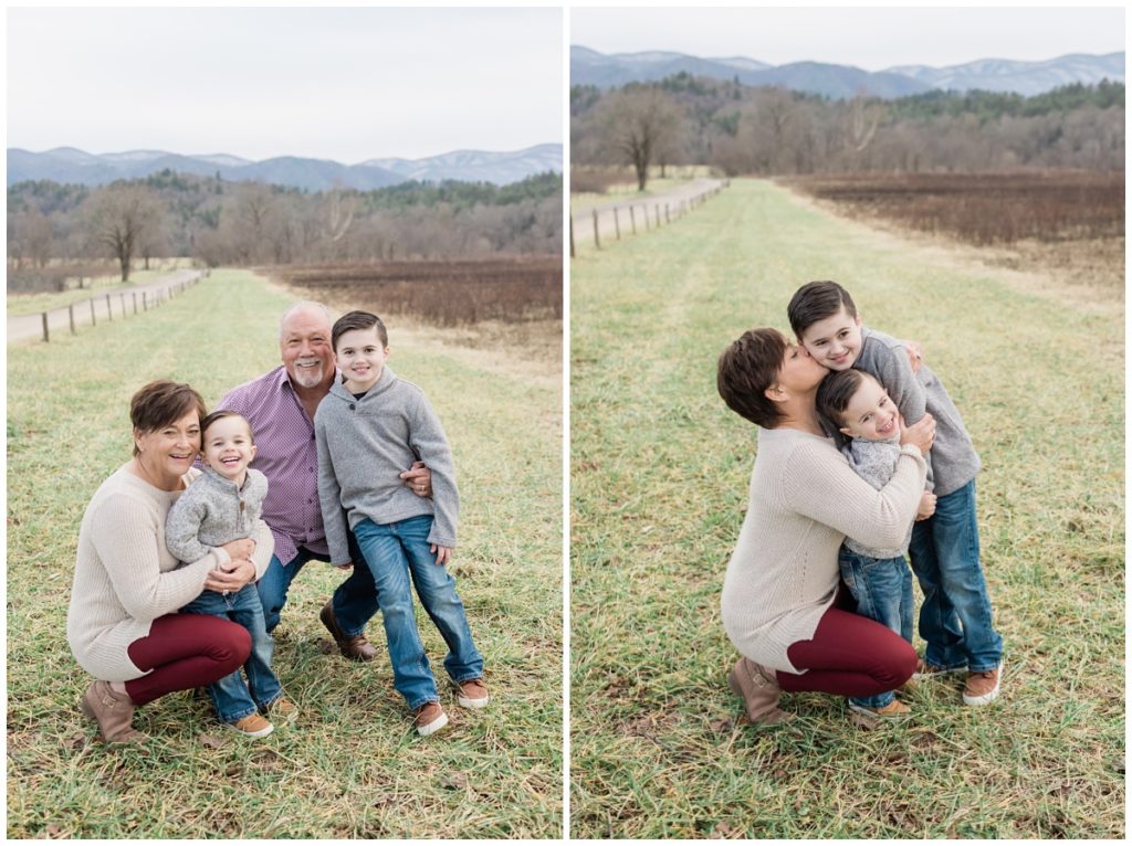 Grandparents and grandkids photograph at Cades Cove in Tennessee