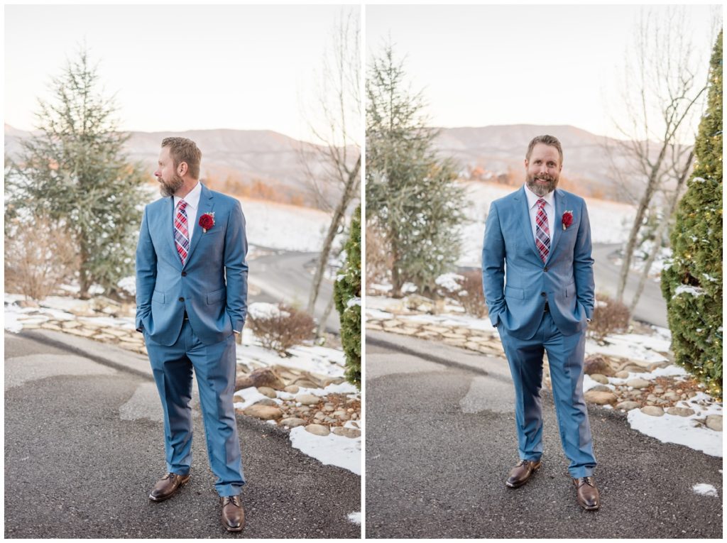 Groom Portraits for a Winter Wonderland Wedding in Sevierville, Tennessee