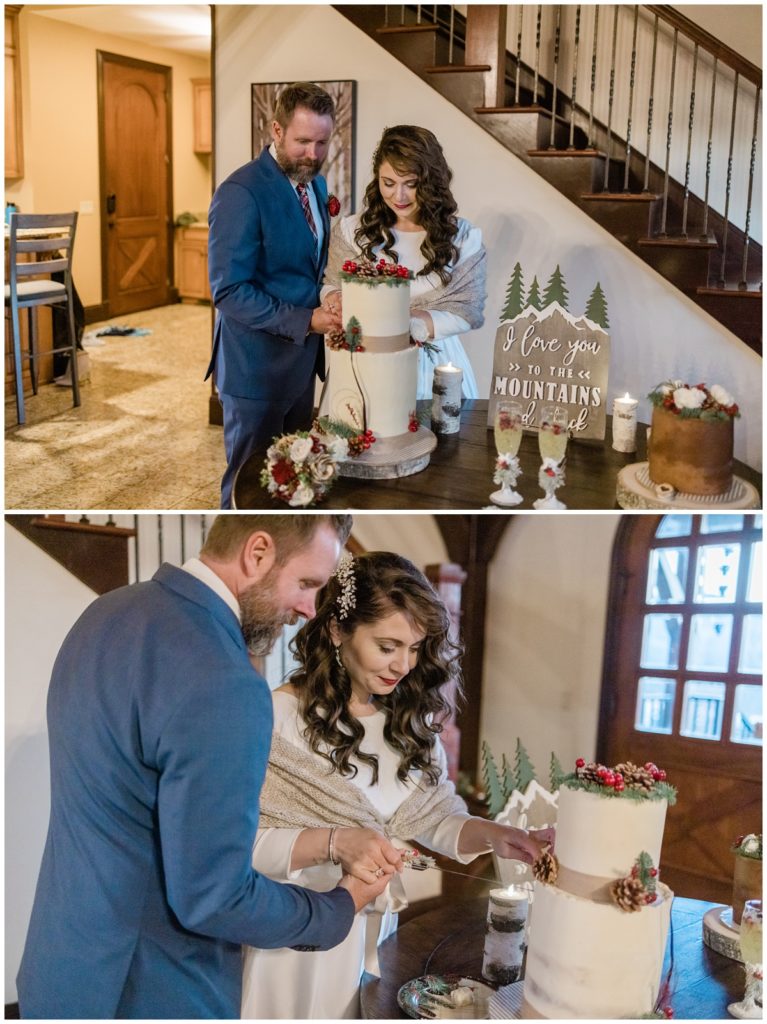 Cake Cutting Photos at a Snowy December Wedding