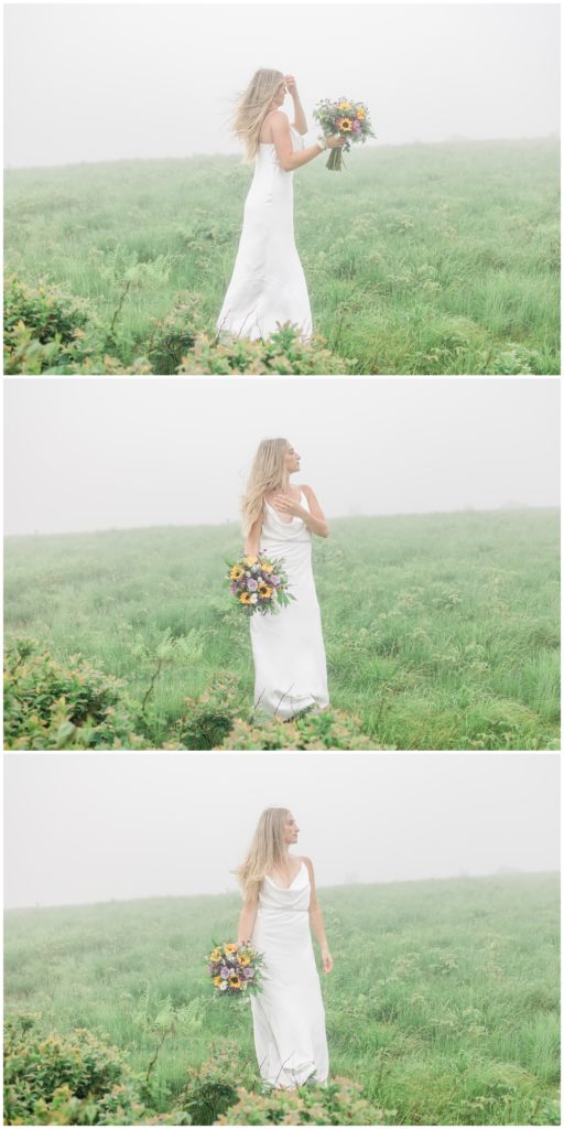 bride wearing long white gown at Roan Mountain adventure elopement