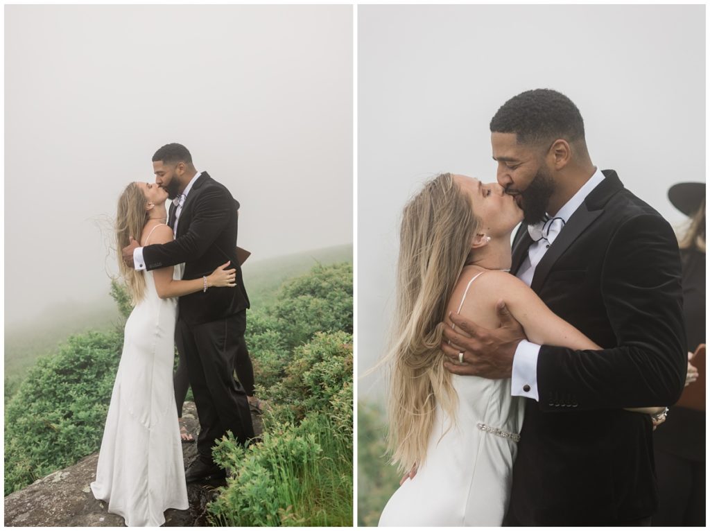 bride and groom kissing as husband and wife during roan mountain adventure elopement