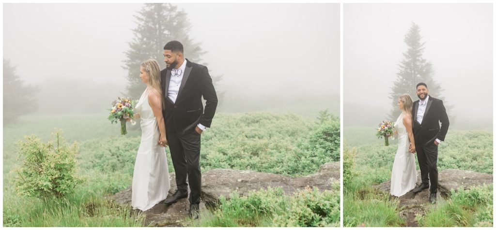 bride and groom celebrating on Roan Mountain 