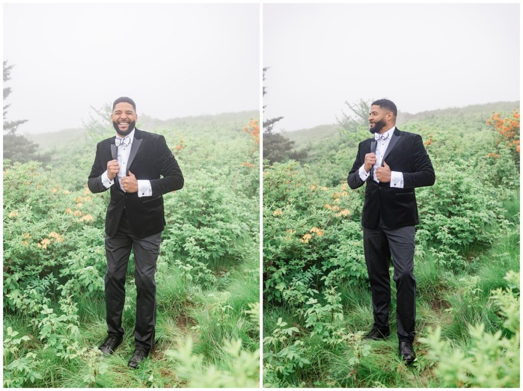 groom smiling and laughing at the camera at Roan Mountain adventure elopement