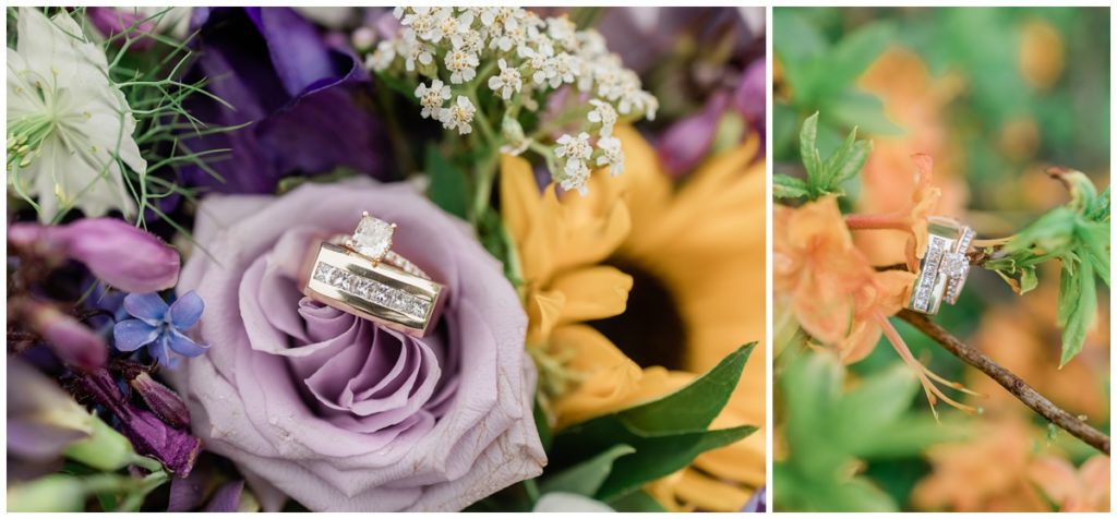ring detail shots in purple flower of bridal bouquet at Roan Mountain adventure elopement