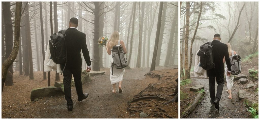 newly married couple hiking down Roan Mountain after elopement ceremony