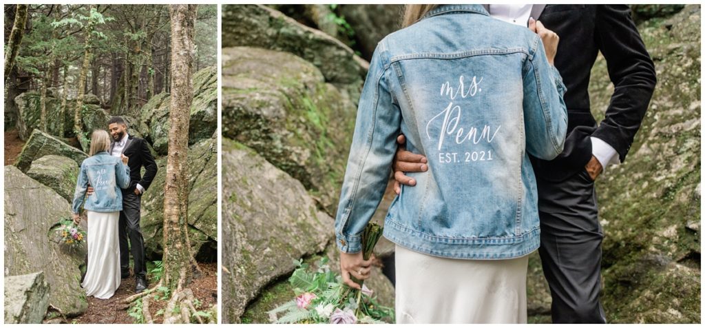 detail shot of bride wearing jean jacket with last name painted on it