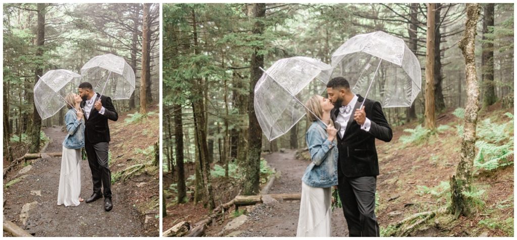 couple kissing and celebrating Roan Mountain adventure elopement