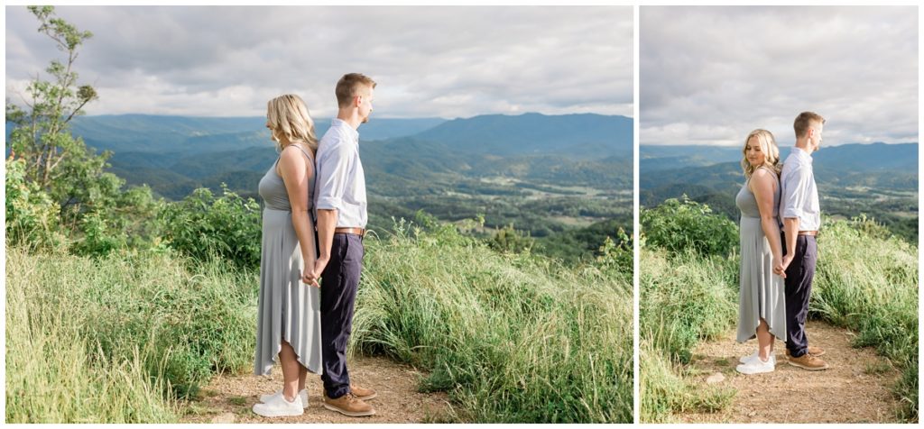 Couple standing back to back during outdoor session in Smoky Mountains