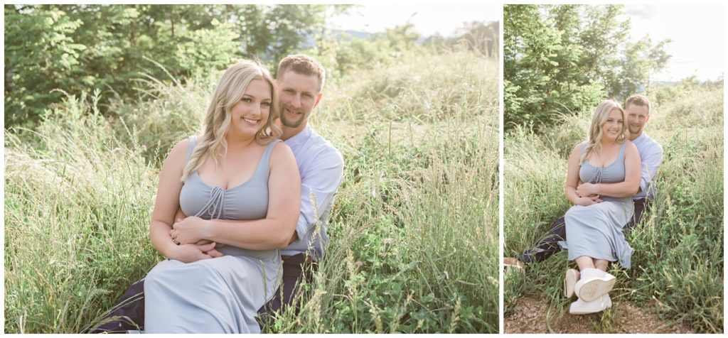 Young married couple sitting in grassy hill in Tennessee