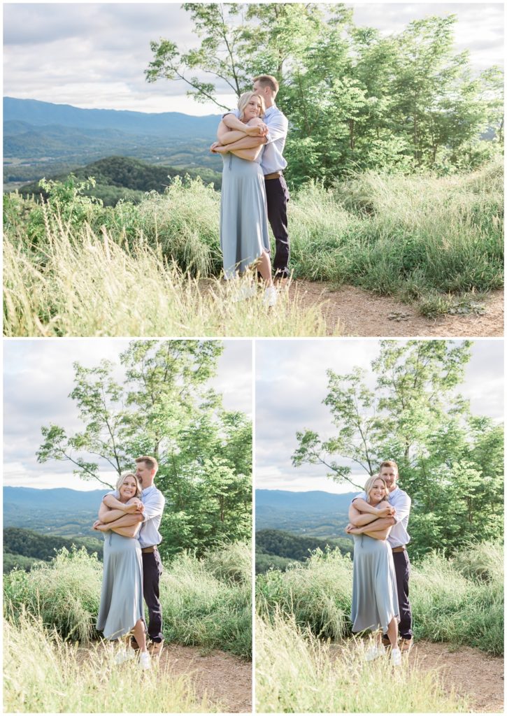 man and woman hugging and celebrating anniversary in Smoky Mountains National Park in Tennessee