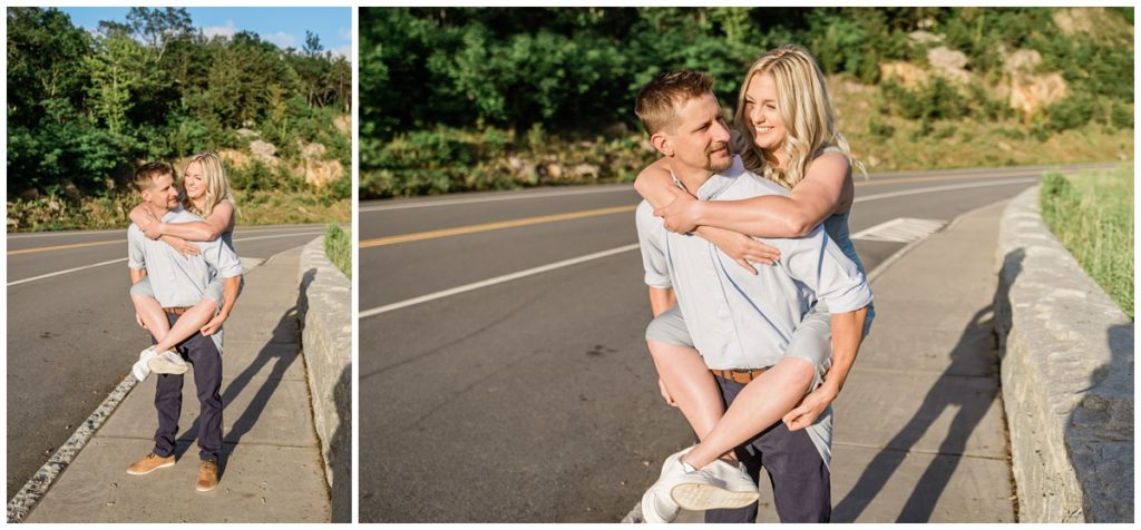 woman on man's back smiling while celebrating anniversary in smoky mountains