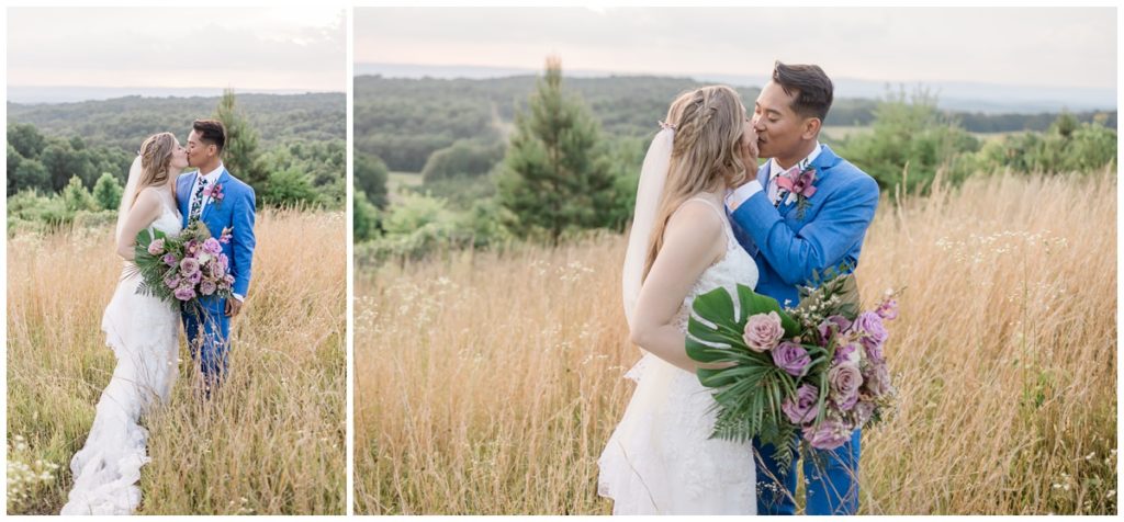 newlywed photos with beautiful bouquet featuring monstera leaves