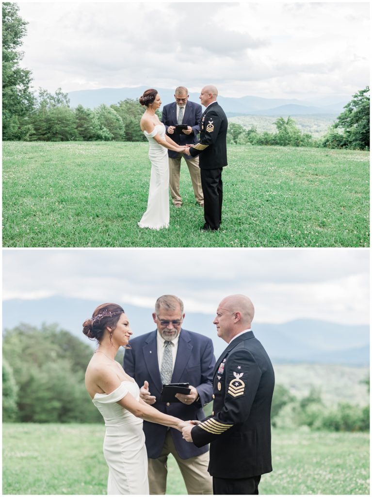 couple eloping at Christopher Place in the Smoky Mountains holding hands as their officiant marries them