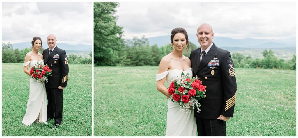 bride holding red roses and groom smiling at the camera on their wedding day in the Smokies.