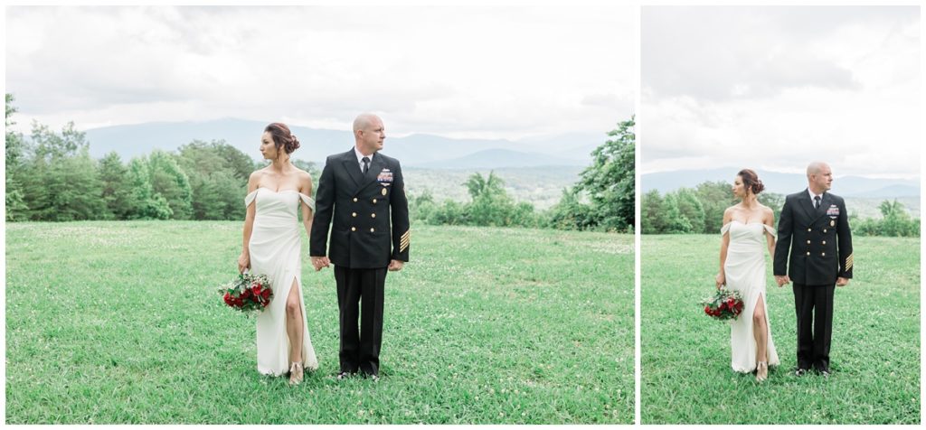 bride and groom holding hands and looking opposite directions in a field in front of the Smoky Mountains at Christopher Place for their military elopement