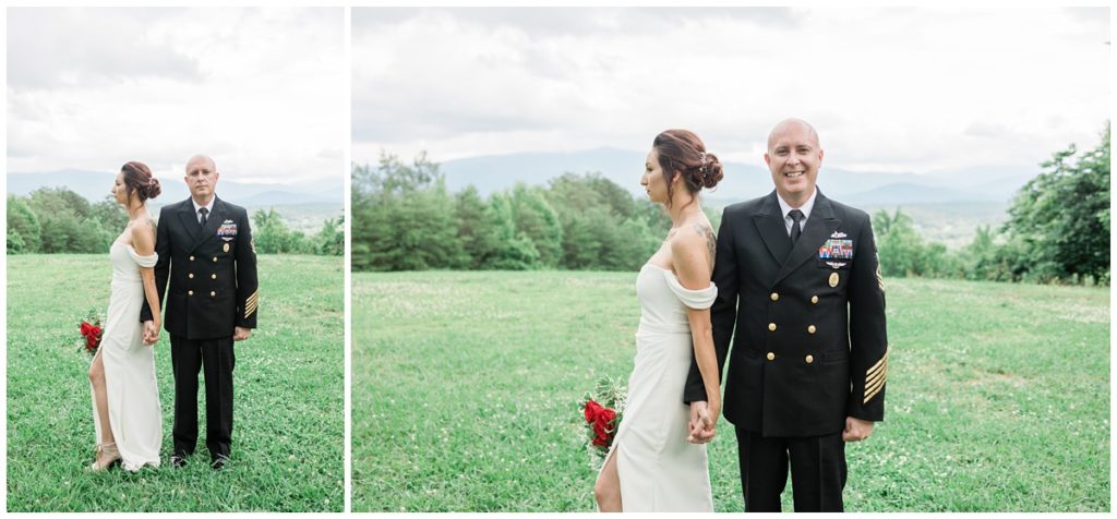 groom facing the camera and smiling while holding his brides hand as she is facing outwards so you can see her profile at Christopher Place in the Smoky Mountains for a Smoky Mountains elopement