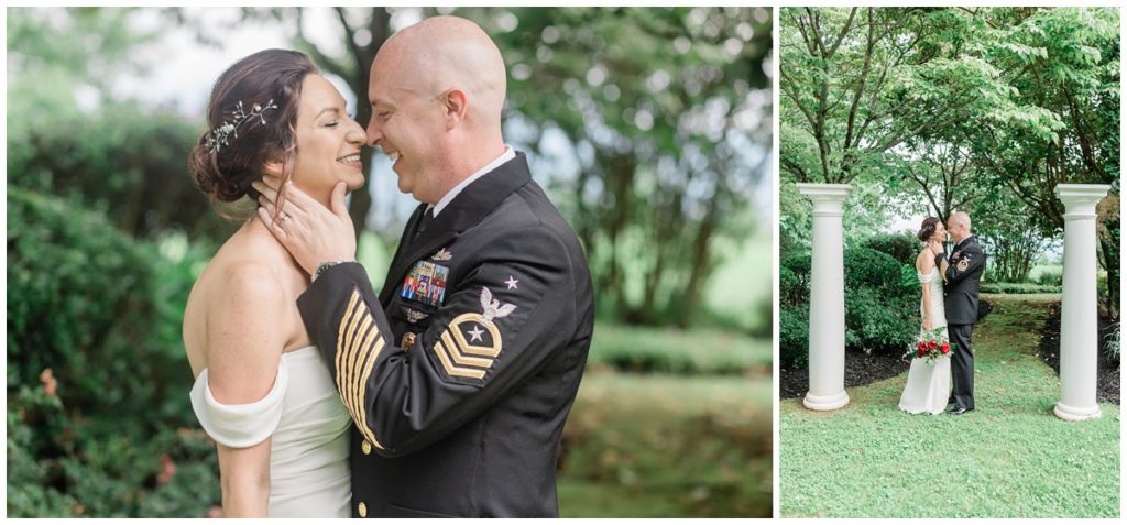 Smoky Mountain elopement with bride and groom looking at each other romantically in a hidden garden