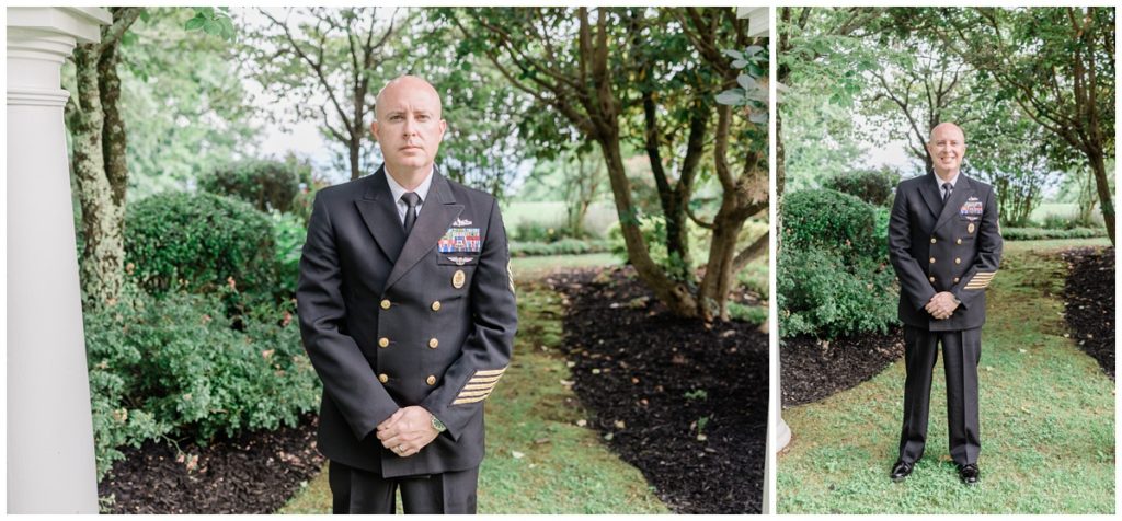 man in his military uniform posing in the gardens at Christopher Place for his elopement