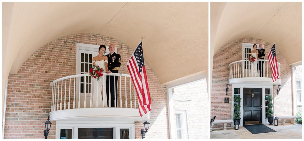 At the Christopher Place a bride and her groom stand on top of a balcony with the American flag hanging from the railing