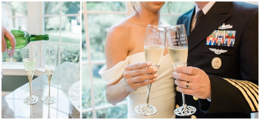 bride and groom toasting their wedding glasses at their Christopher Place military elopement in Tennessee