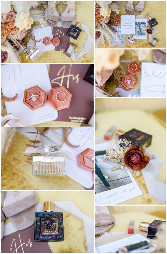 Fall wedding details including wedding rings, perfume, cologne, boutonniere, bouquet, and vows