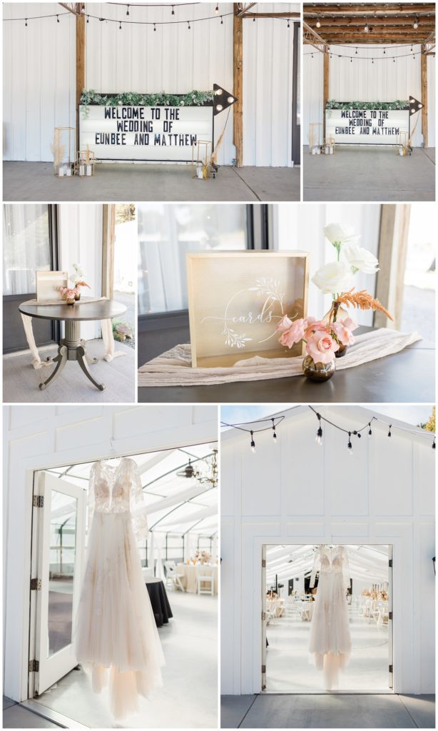 wedding dress and details with marquee sign