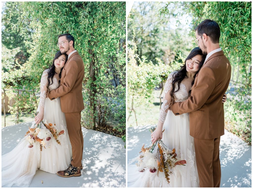 bride and groom photos with a lot of greenery