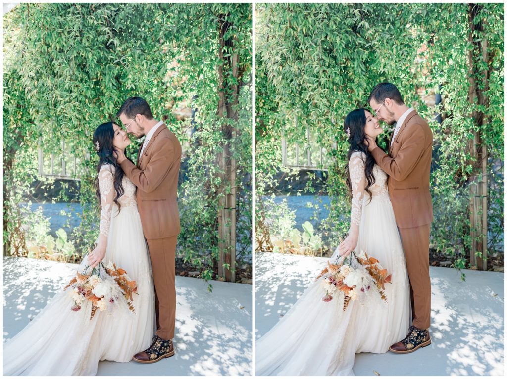 bride and groom photos with greenery