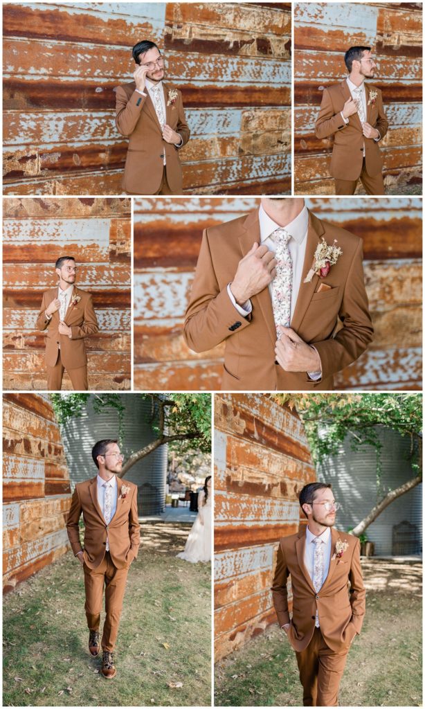 photos of the groom in a brown suit