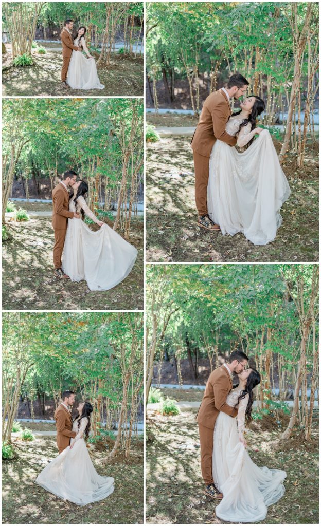 bride and groom photos with twinkle lights