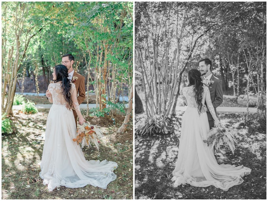 bride and groom photos with twinkle lights