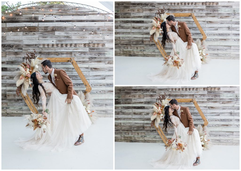 bride and groom photos in front of fall arbor