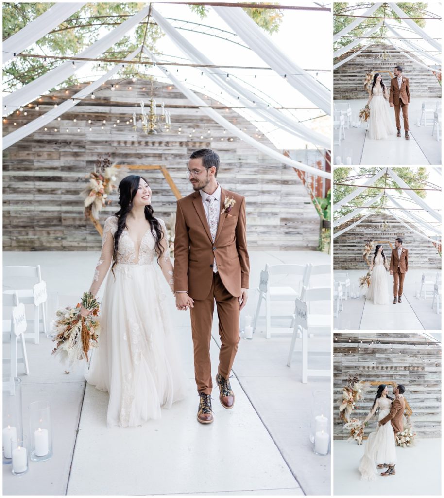 bride and groom photos in front of fall arbor