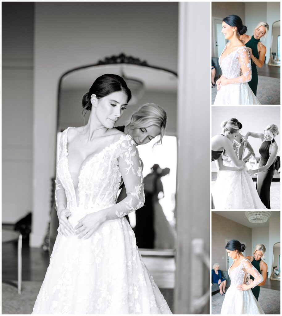 a bride being zipped into her dress by her mother