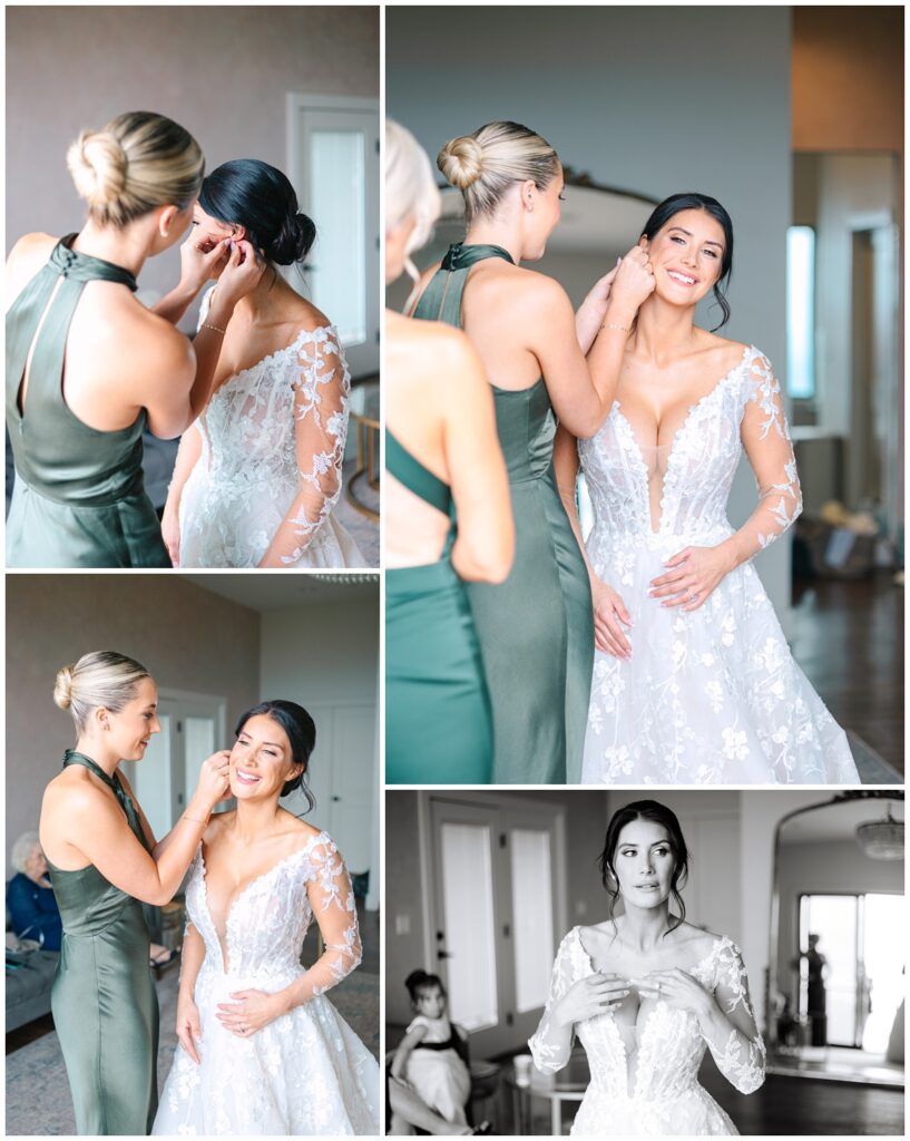 a bride's sister assisting with putting her earrings in