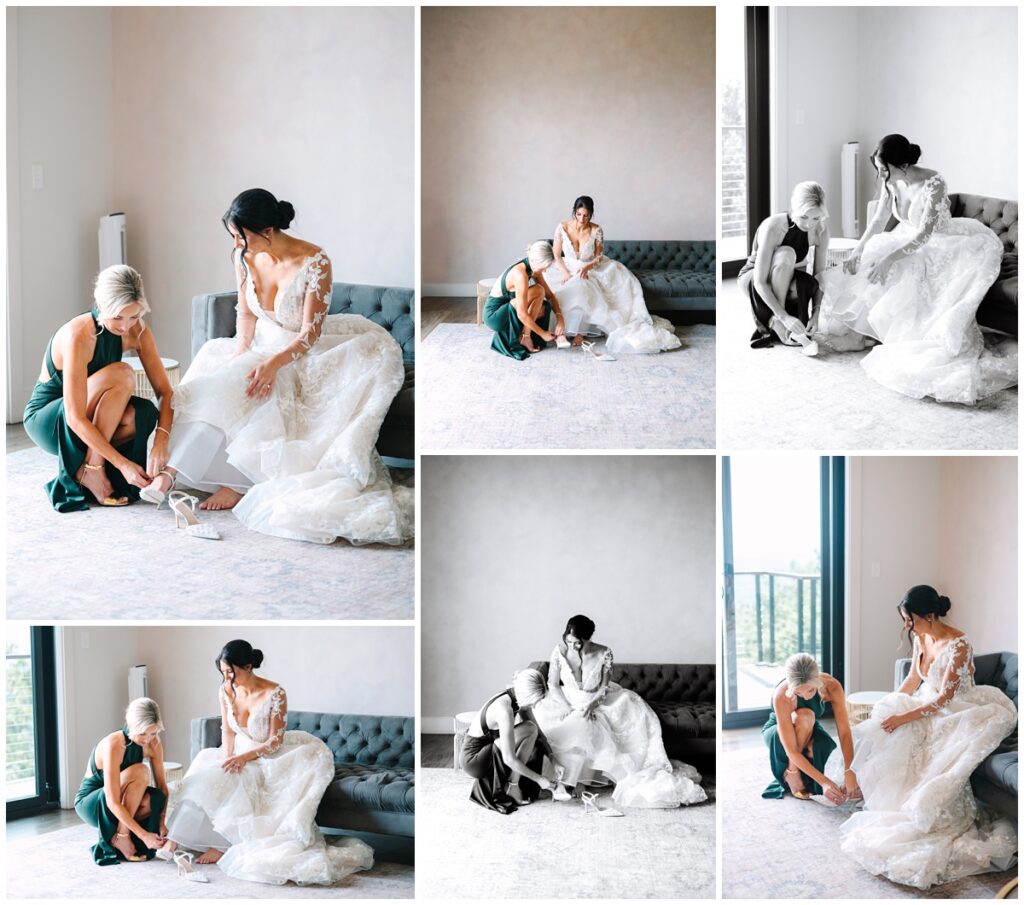 the mother of the bride helping put her wedding heels on