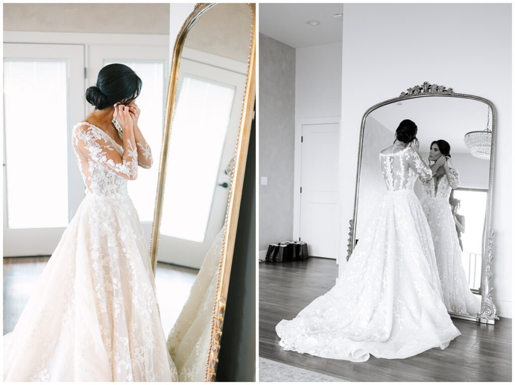 a bride adjusting her earrings in a tall golden mirror