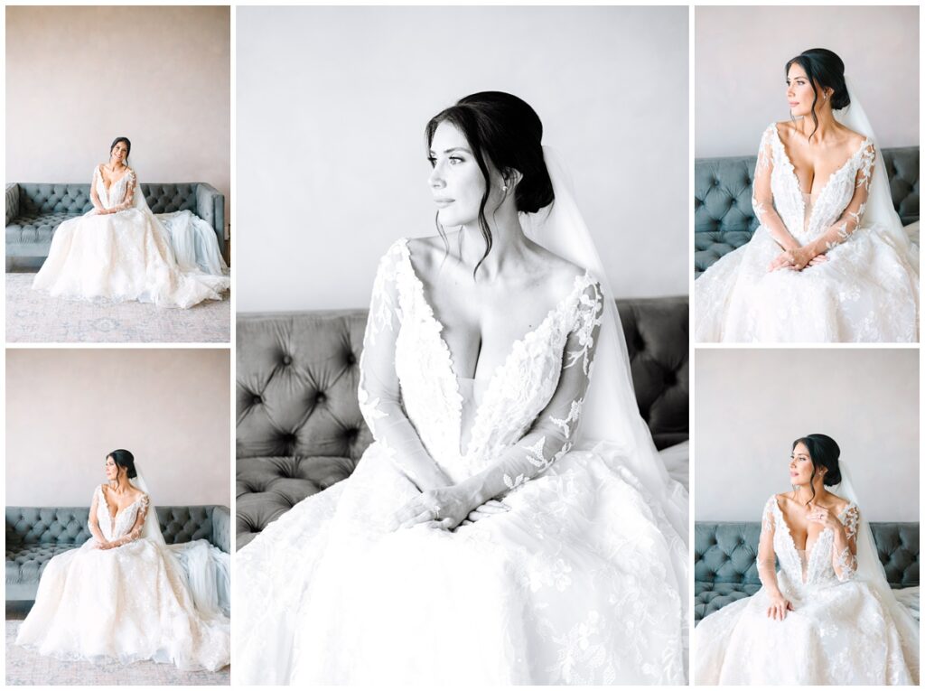 elegant bridal portraits in the bridal suite at the trillium venue